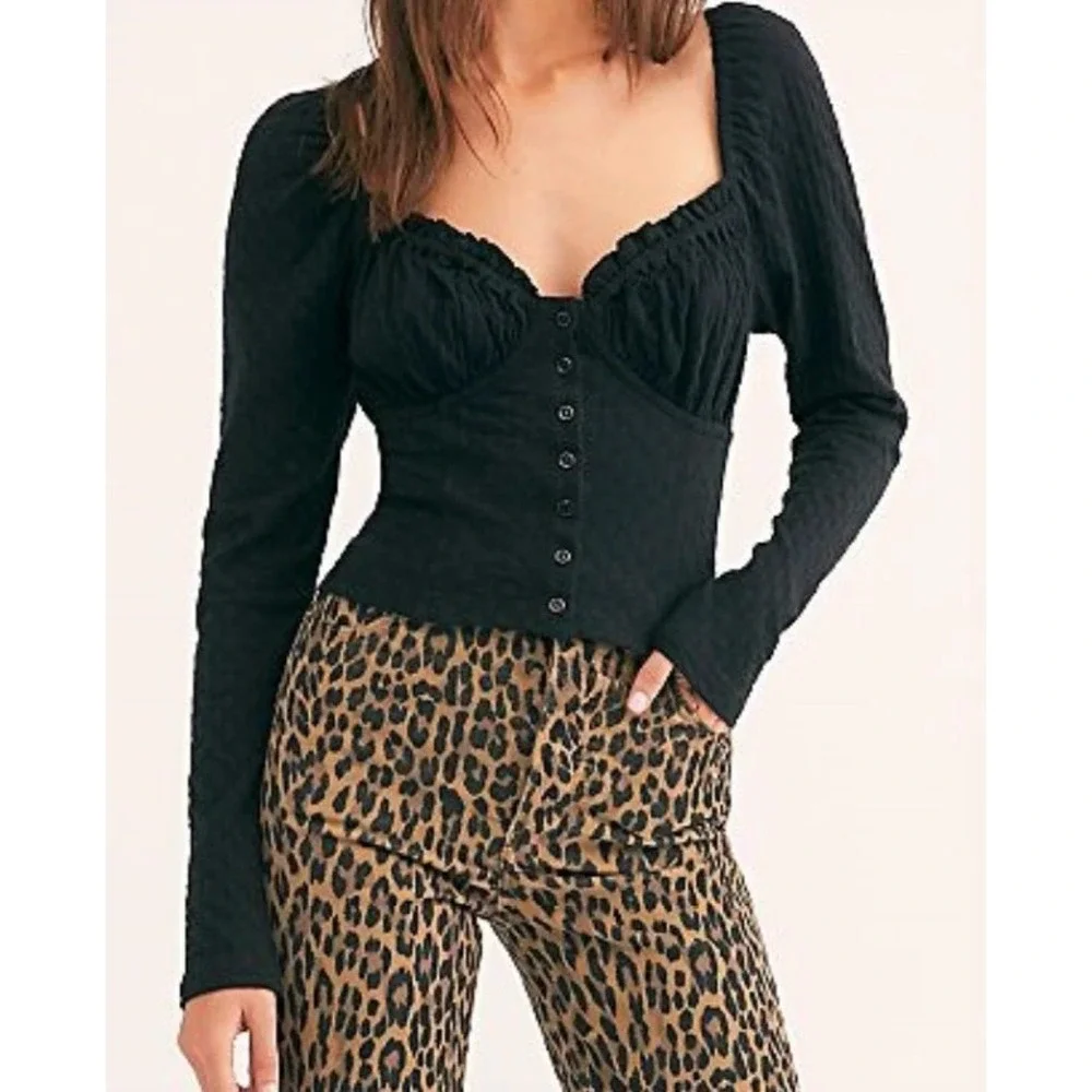 Free People Ladybug Long Sleeve Sweetheart‎ Neck Top Black Large
